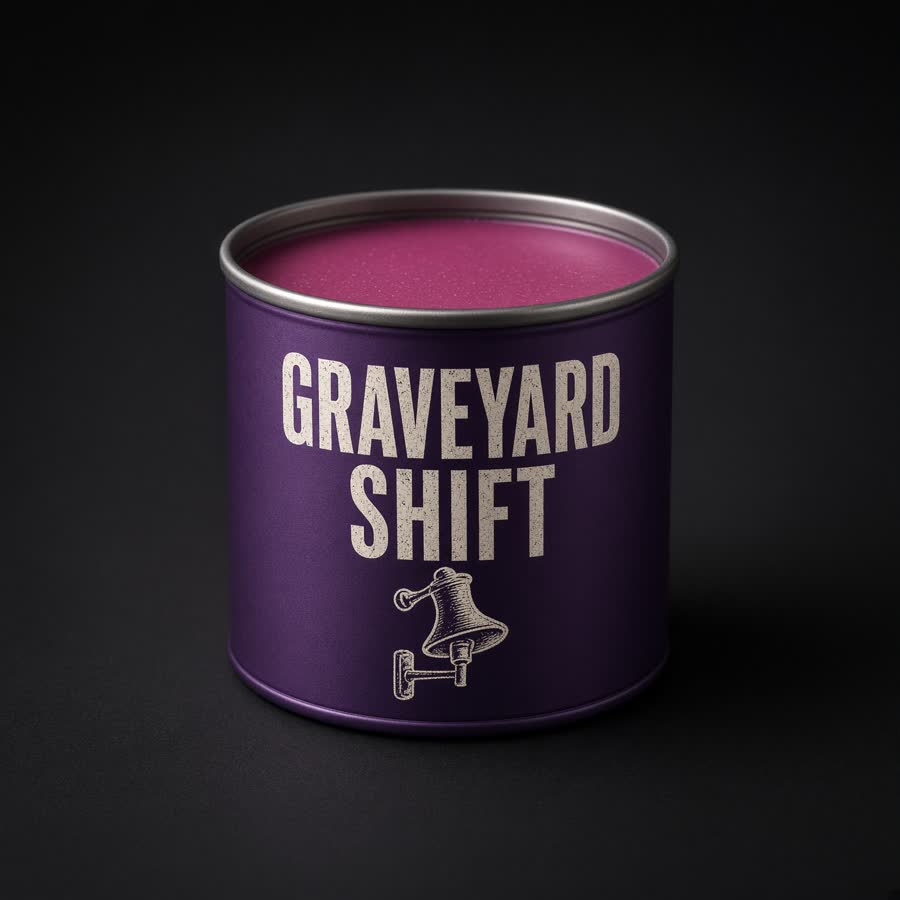Purple tin candle labeled Graveyard Shift