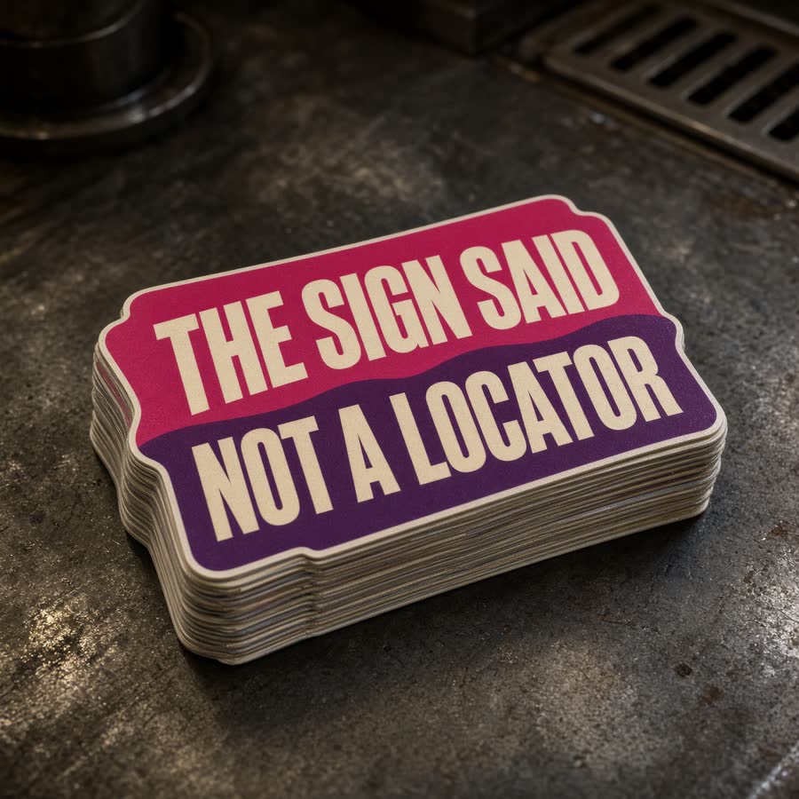 Bumper stickers reading The Sign Said and Not a Locator